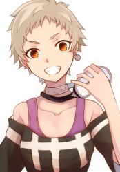 Rule 34 | 10s, 1girl, blonde hair, collarbone, commentary request, cowboy shot, earrings, eyebrows, highres, holding, idolmaster, idolmaster cinderella girls, jewelry, looking at viewer, off-shoulder shirt, out of frame, red eyes, senzaki ema, shirt, short hair, short sleeves, simple background, smile, solo, spaghetti strap, teeth, very short hair, white background, yuzu (masami)