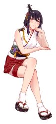 Rule 34 | 1girl, black hair, blush, closed mouth, hair between eyes, hair ornament, highres, japanese clothes, jewelry, kantai collection, nontraditional miko, pleated skirt, red eyes, red skirt, ring, short hair, simple background, skirt, sleeveless, solo, tabi, uyama hajime, wedding band, white background, white legwear, yamashiro (kancolle)
