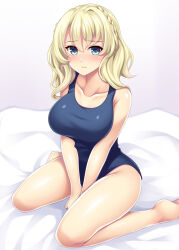 Rule 34 | 1girl, between legs, blanket, blonde hair, blue eyes, blue one-piece swimsuit, blush, braid, breasts, cleavage, collarbone, colorado (kancolle), embarrassed, garrison cap, hat, kantai collection, large breasts, looking at viewer, one-piece swimsuit, ruin re birth, school swimsuit, short hair, side braids, sitting, solo, swimsuit, swimsuit under clothes, wariza
