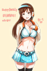 Rule 34 | 10s, 1girl, absurdres, blush, breasts, brown eyes, brown hair, cleavage, happy birthday, headset, highres, idolmaster, idolmaster cinderella girls, jewelry, long hair, looking at viewer, midriff, necklace, nitta minami, open mouth, reco (fortunequest), smile, solo, thighhighs, visor cap