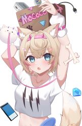 Rule 34 | 1girl, absurdres, animal ears, arm warmers, arms up, bandaid, bandaid hair ornament, blonde hair, blue eyes, box, breasts, cardboard box, carrying overhead, cellphone, cet (hajisirazunoko), character name, commentary request, crop top, cropped shirt, crossed bangs, dog ears, dog girl, dog tail, double-parted bangs, fake horns, game console, hair between eyes, hair intakes, hair ornament, hairband, highres, hololive, hololive english, horn hairband, horns, light brown hair, looking at viewer, mococo abyssgard, mococo abyssgard (1st costume), multicolored hair, navel, perroccino (fuwamoco), phone, pink hair, pink hairband, shirt, short hair, simple background, small breasts, smartphone, solo, streaked hair, super famicom, t-shirt, tail, virtual youtuber, white background, white shirt, x hair ornament