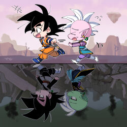 &gt;_&lt; 4boys black_bodysuit black_eyes black_hair black_pants blue_footwear blue_pants blue_sash blue_shirt blue_wristband bodysuit boots chibi closed_eyes colored_skin dougi dragon_ball dragon_ball_daima dragon_ball_super earrings goku_black green_skin grey_eyes grin jewelry long_sleeves mohawk multiple_boys orange_pants pants pink_skin pointy_ears potara_earrings purple_shirt red_sash running rz_pasta saiyan sash shin_(dragon_ball) shirt short_hair smile son_goku spiked_hair sweatdrop walking white_footwear white_hair zamasu