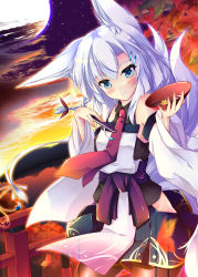 Rule 34 | 1girl, animal ears, blue eyes, blurry, blush, braid, bug, butterfly, cloud, cloudy sky, cup, depth of field, detached sleeves, evening, feiren, fox ears, fox girl, fox tail, full moon, hair ornament, hairclip, head tilt, holding, horizon, insect, japanese clothes, leaf, light smile, long hair, looking at viewer, maple leaf, moon, necktie, night, night sky, original, outdoors, red necktie, sakazuki, sky, solo, star (sky), tail, water, white hair, wide sleeves, wing collar