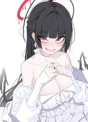 1girl absurdres antenna_hair black_hair black_nails black_wings blood blood_halo blue_archive blush breasts cleavage dress earrings halo hashtag-only_commentary highres jewelry large_breasts liquid_halo low_wings mangpum_(taro109210) official_alternate_costume open_mouth red_eyes simple_background solo sweat tsurugi_(blue_archive) tsurugi_(dress)_(blue_archive) white_background white_dress wings