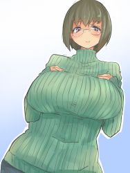 Rule 34 | 1girl, bad anatomy, blue background, breast suppress, breasts, brll, brown hair, denim, glasses, gradient background, huge breasts, jeans, looking at viewer, pants, purple eyes, ribbed sweater, short hair, smile, solo, sweater, turtleneck, white background
