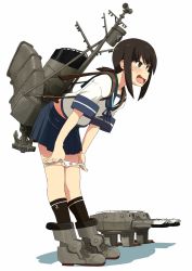 Rule 34 | 10s, 1girl, @ @, blouse, blue skirt, brown hair, brown socks, commentary, embarrassed, fubuki (kancolle), full body, highres, kantai collection, kneehighs, kozou (rifa), machinery, miniskirt, neckerchief, open mouth, panties, panty pull, pleated skirt, revision, sailor collar, school uniform, serafuku, shirt, short ponytail, simple background, skirt, socks, solo, standing, tears, underwear, wavy mouth, white background, white shirt