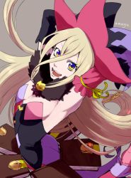 Rule 34 | 1girl, :d, armpits, asymmetrical sleeves, bad id, bad pixiv id, blonde hair, blue eyes, book, breasts, cowboy shot, detached sleeves, feather boa, fur, gloves, grey background, hat, long hair, looking at viewer, magilou (tales), mismatched sleeves, multicolored eyes, open mouth, purple eyes, shoes, signature, skirt, smile, solo, tales of (series), tales of berseria, tasasakiamagu, thighhighs, witch hat, yellow eyes