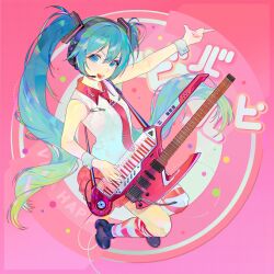 1girl blue_hair collared_shirt commentary_request ed0401 electric_guitar gradient_hair green_hair guitar hatsune_miku headphones headset highres instrument keyboard_(instrument) keytar long_hair looking_at_viewer multicolored_hair music necktie open_mouth pink_background playing_instrument pleated_skirt red_necktie red_skirt shirt skirt sleeveless sleeveless_shirt twintails very_long_hair viva_happy_(vocaloid) vocaloid white_wrist_cuffs wrist_cuffs