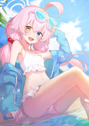 Rule 34 | 1girl, ahoge, armpits, bare legs, bare shoulders, beach, bikini, blue archive, blue jacket, blue sky, blush, bra, cloud, cloudy sky, collarbone, fang, flat chest, frilled bikini, frilled bra, frilled panties, frills, hair tie, halo, heterochromia, highres, hoshino (blue archive), hoshino (swimsuit) (blue archive), jacket, long hair, looking at viewer, looking down, mia cbx, navel, off shoulder, open clothes, open jacket, palm tree, panties, pantyshot, pink hair, pink halo, sky, sleeves past wrists, solo, splashing, sunglasses, swimsuit, tree, underwear, water drop, white panties
