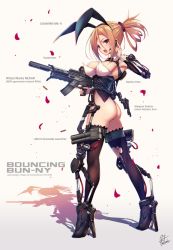Rule 34 | 1girl, animal ears, arms note, ass, assault rifle, black thighhighs, breasts, brown hair, bullet casing, cleavage, detached collar, english text, exoskeleton, fake animal ears, finger to head, from side, fukai ryosuke, grenade launcher, gun, hair between eyes, headset, large breasts, legs, leotard, medium breasts, original, playboy bunny, powered bunny, rabbit ears, rabbit tail, red eyes, revealing clothes, rifle, shadow, short hair, simple background, solo, suppressor, tail, thighhighs, thighs, thong leotard, torn clothes, torn thighhighs, weapon, white background, wrist cuffs