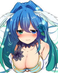 Rule 34 | 10s, 1girl, bare shoulders, blue eyes, blue flower, blue hair, blue rose, blush, breasts, character request, cleavage, feathers, flower, gold trim, gradient hair, green eyes, green hair, hair flower, hair intakes, hair ornament, heterochromia, highres, long hair, looking at viewer, monster strike, multicolored hair, negiko, rose, solo, two-tone hair, upper body