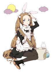 Rule 34 | 1boy, :x, androgynous, animal, animal ears, ankle boots, apron, black pantyhose, blue eyes, boots, brown hair, bucket, cloud, crossdressing, dress, expressionless, fake animal ears, full moon, hair ornament, long hair, looking at viewer, maid, maid apron, male focus, montanyaoh, moon, original, pantyhose, rabbit, rabbit ears, september, simple background, sitting, solo, stick, trap, twintails, very long hair, white background