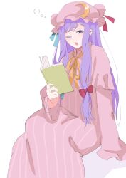 Rule 34 | 1girl, aqua ribbon, arm support, bad id, bad twitter id, blush, crescent, crescent hat ornament, crossed legs, dress, hair ribbon, hat, hat ornament, hat ribbon, highres, long hair, long sleeves, one-hour drawing challenge, one eye closed, pajamas, patchouli knowledge, purple dress, purple eyes, purple hair, reading, red ribbon, ribbon, sidelocks, sleepy, solo, striped, striped clothes, tohoyuukarin, touhou, vertical stripes, wide sleeves
