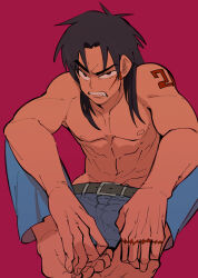Rule 34 | 1boy, absurdres, barefoot, belt, black belt, black eyes, black hair, blue pants, clenched teeth, commentary request, facial scar, fingernails, full body, highres, inudori, itou kaiji, kaiji, long hair, looking at viewer, male focus, medium bangs, navel, nipples, number tattoo, pants, parted bangs, purple background, scar, scar on cheek, scar on ear, scar on face, scar on hand, simple background, sitting, solo, tattoo, teeth, toenails, topless male, v-shaped eyebrows