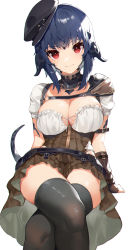 Rule 34 | 1girl, akizone, au ra, belt, black belt, black hair, black hat, blush, breasts, brown skirt, cleavage, closed mouth, commentary, crossed legs, feet out of frame, final fantasy, final fantasy xiv, gloves, hat, highres, large breasts, looking at viewer, medium hair, o-ring, puffy short sleeves, puffy sleeves, red eyes, renz (rirene rn), scales, short hair, short sleeves, simple background, sitting, skirt, smile, solo, thighhighs, warrior of light (ff14), zettai ryouiki