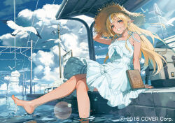Rule 34 | 1girl, bare shoulders, bird, blonde hair, blush, cloud, day, dress, hat, hololive, kotatiyu, long hair, looking at viewer, outdoors, pointy ears, seagull, shiranui flare, sitting, sky, smile, solo, sun hat, teeth, virtual youtuber, wading, water, white dress