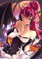 Rule 34 | 1girl, alternate costume, anawin, blue eyes, breasts, can, cleavage, covered navel, demon wings, drink can, hair behind ear, hair bun, halloween bucket, heterochromia, highres, hololive, hololive english, irys (hololive), jack-o&#039;-lantern, long hair, m/, medium breasts, parted lips, pointy ears, purple eyes, purple hair, single hair bun, skirt, smile, soda can, virtual youtuber, white skirt, wings