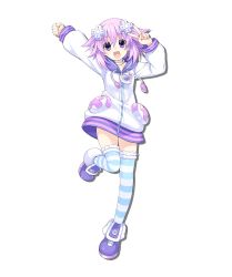 Rule 34 | blue thighhighs, breasts, choker, choujigen game neptune sisters vs sisters, cleavage, hair between eyes, hair ornament, hairclip, happy, highres, hood, hoodie, leggings, neptune (neptunia), neptune (series), official art, open mouth, parka, purple eyes, purple hair, shoes, short hair, simple background, small breast, solo, stocking, striped clothes, striped thighhighs, thighhighs, thighs, transparent background