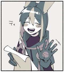 Rule 34 | 1boy, animal ears, blush, border, closed eyes, fox ears, genshin impact, gloves, greyscale, hand up, happy, highres, holding, holding paper, hood, hoodie, male focus, monochrome, multicolored hair, nploser, open mouth, paper, short hair, simple background, smile, solo, streaked hair, tighnari (genshin impact), waving