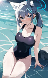 Rule 34 | 1girl, absurdres, akagi koku, animal ear fluff, animal ears, blue archive, blue eyes, breasts, cleavage, competition swimsuit, covered navel, cross hair ornament, extra ears, grey hair, hair ornament, halo, highres, medium breasts, mismatched pupils, one-piece swimsuit, parted lips, shiroko (blue archive), shiroko (swimsuit) (blue archive), side ponytail, sitting, solo, swimsuit, thighs, water, wet, wolf ears