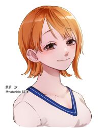 Rule 34 | 1girl, artist name, closed mouth, commentary request, highres, looking at viewer, nami (one piece), natsuki shio, one piece, orange hair, shirt, short hair, simple background, smile, solo, translation request, white background