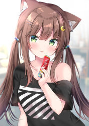 Rule 34 | 1girl, animal ear fluff, animal ears, bad id, bad pixiv id, black shirt, blurry, blurry background, blush, breasts, brown hair, cat ears, collarbone, commentary request, crescent, crescent hair ornament, depth of field, earbuds, earphones, food, green eyes, hair ornament, hairclip, highres, holding, holding food, indoors, looking at viewer, masayo (gin no ame), off shoulder, original, parted lips, shirt, short sleeves, small breasts, smile, solo, star (symbol), star hair ornament, twintails, upper body