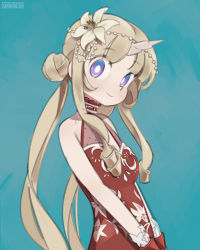 Rule 34 | 1girl, alternate costume, blonde hair, blue background, breasts, bright pupils, civia, commentary, dress, english commentary, flower, hair bun, hair flower, hair ornament, halterneck, hands in pockets, highres, hololive, hololive china, horns, onionsketch, purple eyes, red dress, simple background, single hair bun, single horn, small breasts, smile, solo, twintails, unicorn girl, virtual youtuber, white pupils, yellow flower