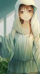 Rule 34 | 1girl, artist name, blush, brown eyes, brown hair, camisole, collarbone, dress, gown, highres, long hair, looking at viewer, nekoyama iori, original, parted lips, plant, see-through, shorts, solo, standing, towel, towel on head, white camisole, white shorts, white towel