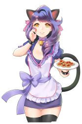 Rule 34 | 1girl, animal ears, apron, bell, bracelet, cat ears, cat tail, collar, cookie, dakun, eugene (soccer spirits), food, hand on own cheek, hand on own face, highres, jewelry, long hair, looking at viewer, neck bell, parted lips, plate, purple hair, smile, soccer spirits, solo, spiked bracelet, spikes, standing, tail, transparent background, yellow eyes