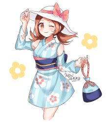 Rule 34 | 1girl, ;3, bare shoulders, blush, brown hair, closed mouth, commentary, creatures (company), detached sleeves, english commentary, eyelashes, floral print, game freak, hand on headwear, hat, hat ribbon, highres, holding, japanese clothes, looking at viewer, lyra (pokemon), lyra (summer 2020) (pokemon), nintendo, official alternate costume, one eye closed, pink ribbon, pokemon, pokemon masters ex, pouch, ribbon, sash, signature, sketch, smile, snowsakurachan, solo, twintails, white background, white hat