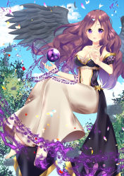 Rule 34 | 1girl, :d, bare shoulders, barefoot, black wings, blue sky, blush, breasts, brown hair, brown skirt, cleavage, cloud, collarbone, commentary request, day, feathered wings, highres, large breasts, long hair, misaki (misaki86), navel, open mouth, orb, original, outdoors, parted bangs, petals, purple eyes, sitting, skirt, sky, smile, solo, strapless, toenails, very long hair, wings