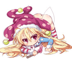 Rule 34 | 1girl, all fours, american flag dress, american flag legwear, ass, blonde hair, butt crack, clownpiece, collar, condom, condom in mouth, cum, fairy wings, frilled collar, frilled shirt collar, frills, hat, heart, heart-shaped pupils, jester cap, long hair, long sleeves, mouth hold, muuba, neck ruff, polka dot, red eyes, simple background, sketch, solo, star (symbol), striped clothes, striped thighhighs, symbol-shaped pupils, thighhighs, top-down bottom-up, touhou, used condom, very long hair, white background, wings