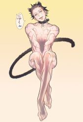 Rule 34 | 1boy, animal ears, belt collar, black hair, brown eyes, cat boy, cat ears, cat tail, collar, completely nude, covering privates, covering crotch, facial scar, fangs, floating, full body, golden kamuy, head tilt, legs together, male focus, nipples, nude, pectorals, scar, scar on cheek, scar on face, scar on nose, short hair, simple background, sitting, smile, solo, spiked hair, sugimoto saichi, tail, toned, toned male, w55674570w