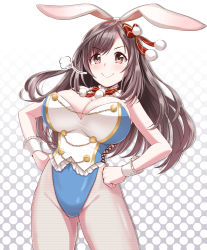 Rule 34 | 1girl, animal ears, bare shoulders, blue leotard, blush, bow, breasts, brown eyes, brown hair, buttons, chain, cleavage, covered navel, dan (orange train), detached collar, hair bow, hands on own hips, hip focus, idolmaster, idolmaster shiny colors, large breasts, leotard, long hair, looking at viewer, neck ribbon, pantyhose, perky breasts, rabbit ears, ribbon, smile, solo, swept bangs, thighs, tsukioka kogane, wrist cuffs
