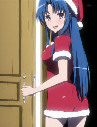 Rule 34 | 00s, 1girl, ass, blue hair, breasts, christmas, highres, kawashima ami, large breasts, legs, open mouth, santa costume, screencap, seductive smile, sideboob, smile, solo, stitched, thighs, third-party edit, toradora!