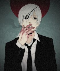 Rule 34 | 1girl, black jacket, black necktie, blood, blood on hands, chainsaw man, cigarette, collared shirt, eyepatch, formal, highres, holding, holding cigarette, jacket, long hair, looking at viewer, necktie, nyokki dream666, quanxi (chainsaw man), shirt, smoke, smoking, solo, suit, suit jacket, white hair, white shirt