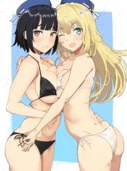 Rule 34 | 10s, 2girls, ;d, aqua eyes, ass, atago (kancolle), back, bare arms, bare legs, bare shoulders, beret, bikini, black bikini, black hair, blonde hair, blue headwear, blush, breast press, breasts, brown eyes, cleavage, closed mouth, couple, cowboy shot, dimples of venus, embarrassed, hand on own stomach, happy, hareno chiame, hat, hug, kantai collection, large breasts, leaning, leaning forward, leaning on person, legs, long hair, looking at viewer, midriff, multiple girls, navel, neck, one eye closed, open mouth, short hair, shy, side-tie bikini bottom, simple background, skindentation, smile, standing, strap gap, swimsuit, symmetrical docking, takao (kancolle), underboob, untying, wavy mouth, white bikini, wink, yuri