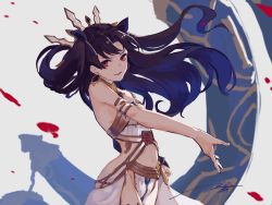 Rule 34 | 1girl, armlet, bare arms, bare shoulders, black hair, black ribbon, blue ribbon, clothing cutout, cowboy shot, crown, earrings, fate/grand order, fate (series), female focus, floating hair, gem, grey background, hair ribbon, headpiece, highres, hoop earrings, ishtar (fate), jewelry, kouzuki kei, long hair, looking at viewer, navel, navel cutout, neck ring, open mouth, outstretched hand, parted bangs, parted lips, petals, red eyes, revealing clothes, ribbon, round teeth, simple background, smile, solo, standing, strapless, teeth, thighhighs, tohsaka rin, two side up, type-moon