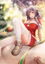 Rule 34 | 1girl, :d, ahoge, blurry, blurry background, breasts, brown footwear, capelet, christmas, christmas lights, christmas ornaments, christmas tree, cleavage, dress, fur-trimmed capelet, fur-trimmed dress, fur-trimmed hood, fur-trimmed skirt, fur trim, hair flaps, highres, hood, kantai collection, large breasts, long hair, looking at viewer, low twintails, open mouth, purple hair, red capelet, red dress, red eyes, red hood, red skirt, ribbon, ryuuhou (kancolle), sack, santa costume, shoes, signature, sitting, sitting on object, skirt, smile, taigei (kancolle), thighhighs, thighs, torpedo, twintails, white thighhighs, yomitsuna, zettai ryouiki