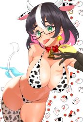 Rule 34 | 1girl, 2021, :p, absurdres, animal print, asymmetrical gloves, bikini, black-framed eyewear, black hair, blush, breasts, chinese zodiac, colored inner hair, cow print, cow tail, ear tag, elbow gloves, gloves, green eyes, highres, horns, large breasts, looking at viewer, medium hair, mismatched gloves, multicolored hair, nagashii kouhei, navel, original, pink hair, smile, solo, streaked hair, swimsuit, tail, thigh gap, thighhighs, tongue, tongue out, two-tone hair, white thighhighs, year of the ox
