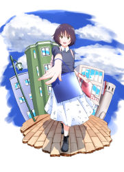 Rule 34 | 1girl, alina (girls und panzer), alternate costume, bag, blue bag, blue sky, brick road, brown eyes, brown hair, casual, cloud, cyrillic, girls und panzer, highres, lamppost, looking at viewer, musical note, musical note print, outstretched arm, oze (xyz go go11), red bag, shopping, shopping bag, skirt, sky, smile, solo