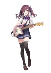 Rule 34 | 1girl, absurdres, black thighhighs, blue skirt, blush, bow, bowtie, breast pocket, breasts, brown footwear, brown hair, cevio, collared shirt, electric guitar, full body, guitar, hair bow, highres, holding, holding instrument, holding plectrum, instrument, kaito (k4itoh), light blush, loafers, looking at viewer, medium hair, mole, mole under eye, natsuki karin, open mouth, plectrum, pocket, purple bow, purple bowtie, purple eyes, second-party source, shirt, shirt tucked in, shoes, short sleeves, sidelocks, skirt, small breasts, smile, solo, standing, suspender skirt, suspenders, sweatband, synthesizer v, thighhighs, transparent background, twintails, white shirt, zettai ryouiki