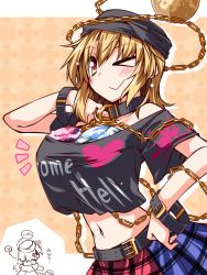 Rule 34 | &gt; o, 1girl, belt, blonde hair, bracelet, breast padding, chain, clothes writing, collar, collarbone, earth (planet), hat, hecatia lapislazuli, hecatia lapislazuli (moon), hemogurobin a1c, jewelry, looking at viewer, midriff, moon, multicolored clothes, multicolored skirt, navel, off shoulder, one eye closed, planet, shirt, skirt, smile, solo, touhou, yellow eyes