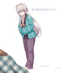 Rule 34 | 1girl, anastasia (fate), barefoot, blue eyes, blush, brown sweater, closed mouth, doll, fate/grand order, fate (series), hair over one eye, hair ribbon, hairband, hands in opposite sleeves, holding, hoshino ouka, jacket, kotatsu, long hair, long sleeves, looking at viewer, open clothes, open jacket, orange hairband, orange ribbon, pants, purple pants, ribbon, silver hair, simple background, solo, straight hair, sweater, table, track pants, translation request, turtleneck, turtleneck sweater, very long hair, wavy mouth, white background, wide sleeves