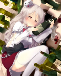 Rule 34 | 10s, 1girl, blush, bottle, bow, bowtie, breasts, commentary request, cork, cup, drinking glass, drunk, gengetsu chihiro, grey eyes, hat, highres, juliet sleeves, kantai collection, large breasts, long hair, long sleeves, lying, multiple bottles, on floor, on side, platinum blonde hair, pola (kancolle), puffy sleeves, shirt, silver hair, skirt, smile, solo, spilling, thighhighs, thighs, tile floor, tiles, wavy hair, white thighhighs, wine bottle, wine glass