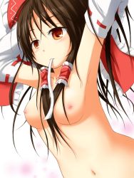 Rule 34 | 1girl, armpits, arms up, bad id, bad pixiv id, blush, breasts, brown hair, chro, detached sleeves, female focus, hakurei reimu, japanese clothes, miko, mouth hold, navel, nipples, no bra, nude, orange eyes, solo, touhou, upper body