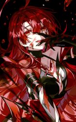 Rule 34 | 1girl, absurdres, ahoge, black background, black gloves, blood, blood on face, bloody queen (elsword), breasts, chest tattoo, cleavage, dress, elbow gloves, elesis (elsword), elsword, floating hair, gloves, hair between eyes, highres, long hair, looking at viewer, medium breasts, narugrm, open mouth, red eyes, red hair, smile, solo, tattoo, teeth, twitter username, very long hair