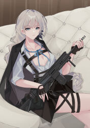 Rule 34 | 1girl, absurdres, apc556 (girls&#039; frontline), assault rifle, b&amp;t apc556, black jacket, braid, breasts, chest harness, cleavage, collared shirt, commission, couch, crossed legs, expressionless, fingerless gloves, french braid, girls&#039; frontline, gloves, green eyes, grey hair, gun, harness, highres, jacket, jacket on shoulders, long hair, medium breasts, neck ribbon, pixiv commission, ribbon, rifle, shirt, sitting, skirt, solo, teizen (niwamaee), thigh strap, very long hair, weapon, white shirt