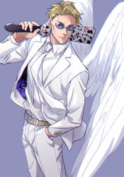 Rule 34 | 1boy, alternate color, angel wings, belt, belt buckle, blonde hair, blue background, buckle, chromatic aberration, closed mouth, collared shirt, commentary request, cowboy shot, feathered wings, fingernails, formal, glasses, grey-framed eyewear, hand in pocket, holding, holding sword, holding weapon, jacket, jujutsu kaisen, kijinkutsu, lapels, long sleeves, male focus, nanami kento, necktie, over shoulder, pants, pince-nez, round eyewear, shirt, short hair, simple background, solo, standing, suit, sunglasses, sword, sword over shoulder, weapon, weapon over shoulder, white jacket, white necktie, white pants, white shirt, white suit, white wings, wings
