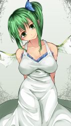 Rule 34 | 1girl, alternate costume, aoshima, arms behind back, bare arms, bare shoulders, breasts, collarbone, commentary request, daiyousei, dress, fairy wings, green eyes, green hair, hair ribbon, head tilt, highres, large breasts, looking at viewer, matching hair/eyes, ribbon, side ponytail, sleeveless, sleeveless dress, smile, solo, sundress, touhou, white dress, wings, yandere